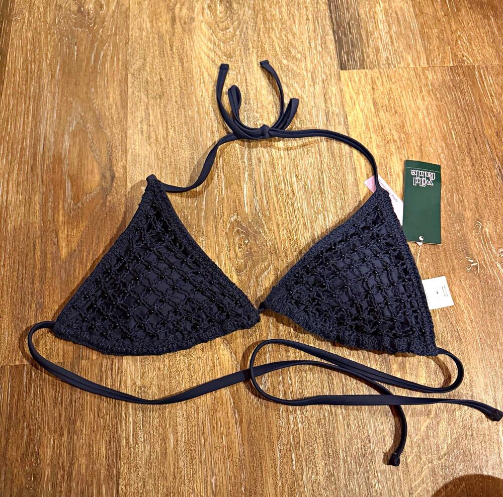 Wild Fable Women’s Black Crochet Triangle Halter Bikini Top, Size M Regular, D